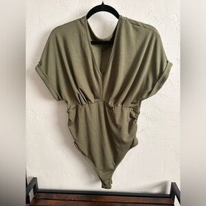 SHEIN Curve Olive Ribbed Bodysuit | Size 0XL | V-Neck Dolman Sleeve